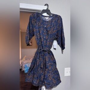 Time and Tru Navy Blue and Brown Floral Button-Front Dress